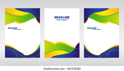 Vector illustration: Three abstract template design of brochures with colored lines and waves.