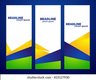 Vector illustration: Three  abstract template design of vertical banner with Brazilian colors.