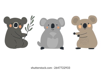 Vector illustration of three adorable minimalist koalas in soft gray and beige tones with rosy cheeks and playful poses. Perfect for nursery décor, children’s books, wildlife themes, stickers, and web