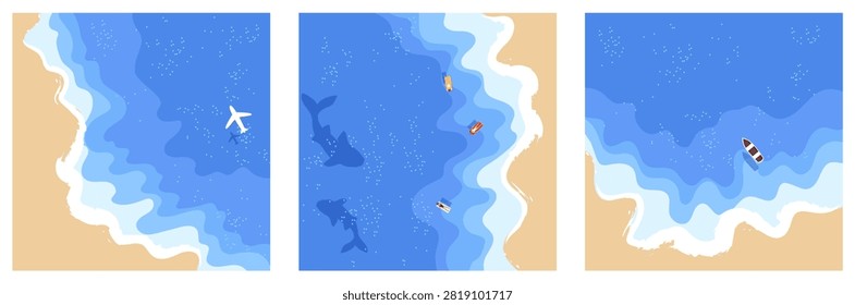 Vector illustration of three aerial coastal scenes with beaches, swimmers, boats and marine silhouettes in blue water
