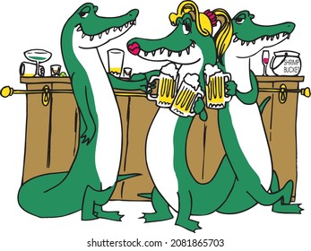 Vector Illustration of Three Alligators Drinking
