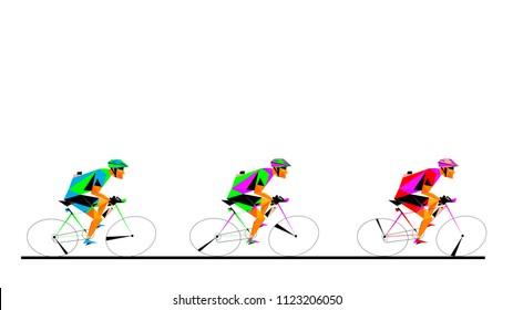 Vector illustration of three athlete bicyclist in bright colored sports clothes from an abstract pattern ride in a cycling and bike marathon competition