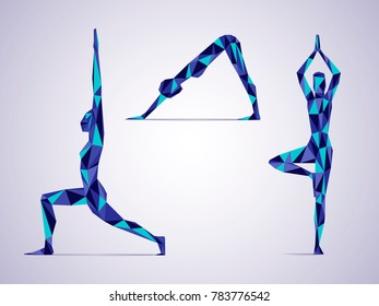 Vector illustration of three athletic figures with yoga poses with an abstract pattern of shades of blue on a light gray background with a shadow isolate