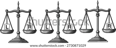 Vector illustration of three balance scales comparing left and right pan weights to show heavier, lighter, and equal
