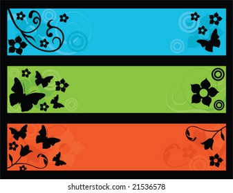 Vector illustration of three banners with flowers and butterflies.