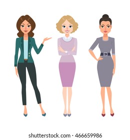 Vector illustration of three beautiful business women in elegant clothes, standing in different poses, isolated on white background.