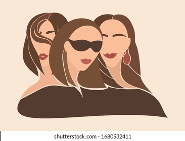 Vector illustration with three beautiful girls with long hair. Template with girls for poster, banner, packaging, print, store, magazine and more.