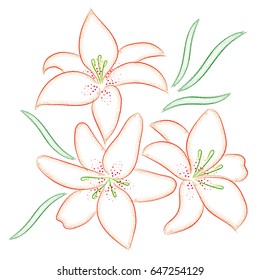 Vector illustration. Three beautiful lily painted strokes and dots.
