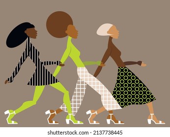 Vector illustration - three beautiful supermodels of different races walk the catwalk in vintage hipster clothes isolated. Concept - fashion show