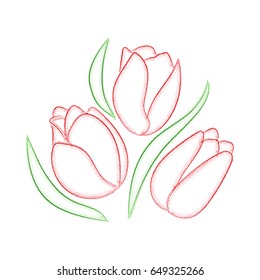 Vector illustration. Three beautiful tulips painted strokes and dots.
