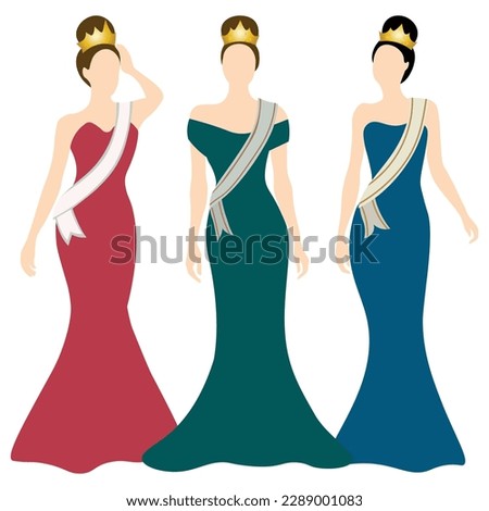 Vector illustration of three beauty queens in elegant evenign gown on white background
