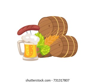 Vector illustration of three beer barrels, glass of bright beer with beer foam, signs of beverage which is wheat and hop and german sausage.