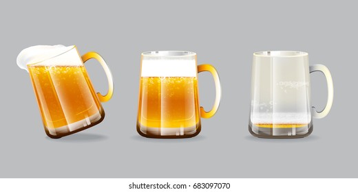 Vector illustration of three beer glasses. One overflow mug, one full mug and one empty mug with foam and bubbles on grey background.