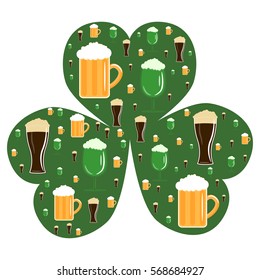 Vector illustration of three beers dark gold and green in shamrock for St. Patrick's day