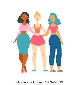 Vector illustration of three best friends. Three cute girls stand and hug each other.