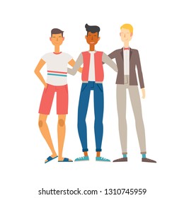 Vector illustration of three best friends. Three young men stand and hug each other.