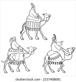 Vector Illustration. Three Biblical Kings On Camels Follow The Star And Bring Gifts To Baby Jesus