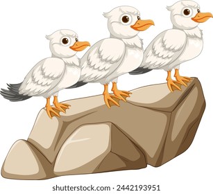 Vector illustration of three birds on a stone.