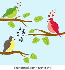 vector illustration of three birds on branches