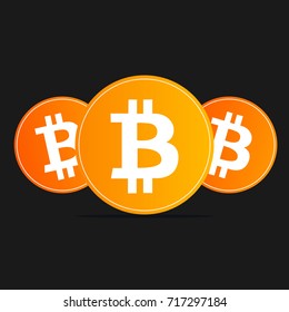 Vector illustration of three bitcoins or cryptocurrency or digital money with orange-yellow gradient for print or blogs or websites etc. with copy space on top and bottom.