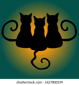 Vector illustration, three black cat silhouettes, halloween cats
