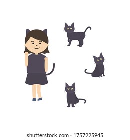 Ilustración vectorial de tres gatos negros y una chica con disfraz de halloween de gato negro