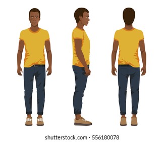 Vector Illustration Of Three Black Men In Casual Clothes Under The White Background. Cartoon Realistic People Illustartion. Flat Young Man. Front View Man, Side View Man, Back Side View Man