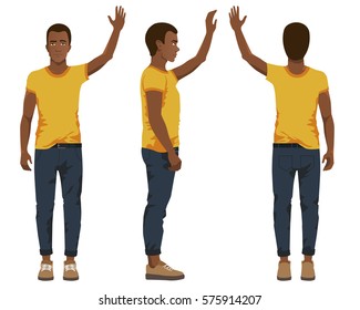 Vector illustration of three black men in casual clothes with hand up under the white background.Cartoon realistic people illustartion.Flat young man. Front view man, Side view man, Back side view man