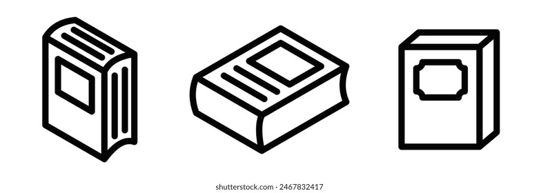 Vector illustration of three black outline book icons with various cover designs, representing different books and literature, on a white background. Editable stroke.