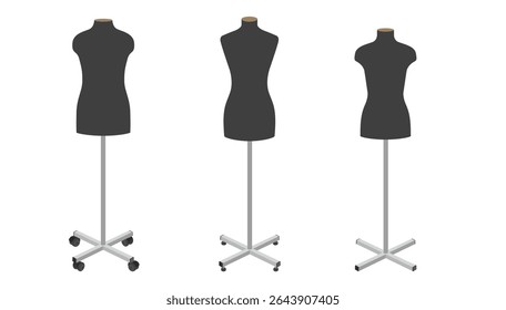 Ilustração vetorial de três formas de vestido de alfaiate preto em bases metálicas com rodas. Vista frontal. Isolado no fundo branco. Orientação horizontal. Ideal para costura, moda ou design de varejo.