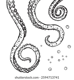 Vector illustration of three black and white octopus tentacles descending from above with air bubbles