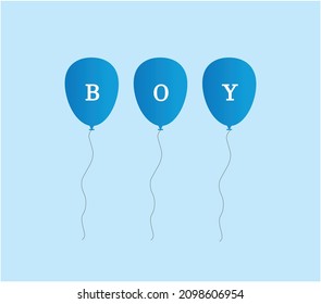 Ilustración vectorial de tres globos azules con las letras que deletrean BOY. Icono de la celebración del niño pequeño. 