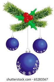 Ilustración vectorial de tres bolas azules de Navidad colgadas en una rama de abeto