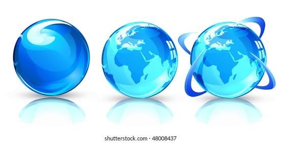 Vector illustration of three blue Glossy Earth Map Globes