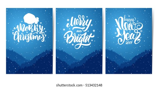 Vector illustration: Three blue vertical posters with forest, hills and hand lettering of Happy New Year  and Merry Christmas. Snowy landscape.