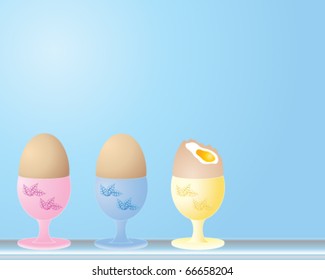 vector illustration of three boiled eggs in decorative egg cups on pale blue in eps10 format