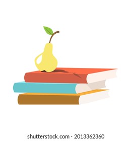 Ilustración vectorial tres libros se encuentran uno encima del otro. Libros de texto y pera. Una pila de libros.