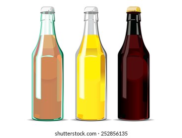 Vector illustration of three bottles with different drinks. Can be used as beer, cider, lemonade advertisement. 