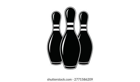 a vector illustration of three bowling pins in black and white, isolated on a white background, depicting a classic bowling game element. high-quality professional