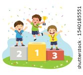 Vector illustration of three boys with medals standing on sport winners pedestal and holding a trophy.