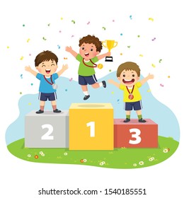 Vector illustration of three boys with medals standing on sport winners pedestal and holding a trophy.