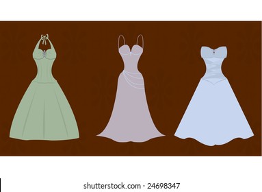 Vector illustration of three bridesmaids gowns.