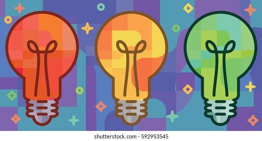 vector illustration of  three bright bulbs in geometrical colorful flat art style for innovation concepts