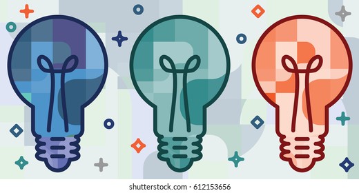 vector illustration of three bright bulbs in geometrical colorful flat art style for innovation concepts