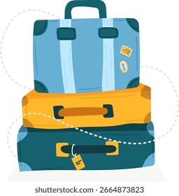 Vector illustration of three bright and cheerful suitcases stacked on top of each other. Hand-drawn minimalist style representing travel, holidays, and adventure, perfect for modern travel