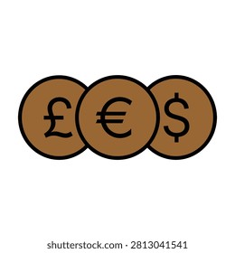 Vector illustration of three brown coins with currency symbols including pound, euro, and dollar in a graphic design