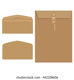 Vector illustration three brown envelopes icon set. Blank mockups in three views, front and back, open and closed.