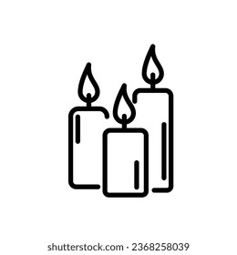 Vector illustration of a three burning candles. Minimal icon in line style for christmas, new year celebration, festive presents.  Simple design for cosy party or evening