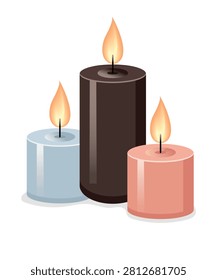 Vector illustration of three burning candles isolated on white background.