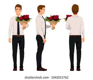 Vector illustration of three business men with  bouquet of flowers in hands. Cartoon realistic people illustartion.Worker in a shirt with a tie.Front view man,Side view man,Back side view man. Roses.
